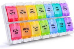 Sukuos AM PM Weekly Pill Organizer 2 Times Egy nap, Nagy Napi Pill Box Case 7 nap Easy Push Button Design, Eltávolítható Medicine Holder Vitamin / Halolaj / kiegészítők (Szivárvány)