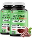 Red Yeast Rice 1200 mg kapszula CoQ10 - Fenntartása egészséges koleszterin szintek, Gyógynövény Szív Egészség Vegán Vörös Élesztő rizs kiegészítés - Vörös rizs Élesztő CoQ10 a nők és férfiak - 120 Ct (2- Pack)