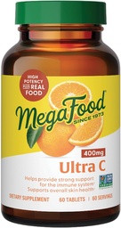MegaFood Ultra C 400 mg - Vegan Immunszuppresszív kiegészítés C-vitaminnal, Készült valódi ételekkel beleértve brokkoli, répa, Cranberry & Brown Rice, gluténmentes, Kosher - 60 tabletta, 60 adag
