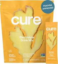 Cure Hydration, 124; Plant- Based Electrolyte Drink Mix 124; No Advanced Sugar, 124; FSA- HSA, 124; Dehidration Relief Powder Made with Covine Water, 124; Non-GMO, 124; Vegán, 124; Pouch of 14 Packet - Ginger Turmeric