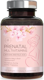 Prenatális vitaminok női folsav & DHA, magzati agy fejlesztési támogatás folát & Omega 3 's, multivitamin A, C, D, B6, B12 és vas, terhességi kiegészítés - 120 Softgels