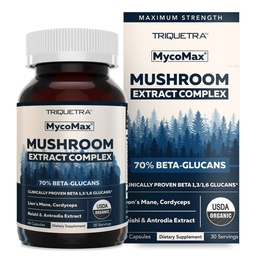 MycoMax Gomba Komplex - 70% Beta Glucans, Max Potency Gomba kiegészítés, US Grown + Ultrasonic Extraction - Lions Mane, Cordyceps, Reishi & More - Kognition, Immunity, Energy - 60 kapszula