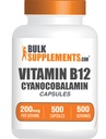 BulkSupplements.com B12-vitamin kapszula - cianokobalamin, B-vitamin kiegészítés, B12-vitamin 200 µg - Energy Vitaminok, Gluten Free, 1 kapszula adagonként, 500 kapszula (1-es csomag)