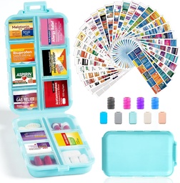 14 Grids Travel Pill Organizer Box 415- Pcs Medicine Name Labels - Pocket Daily Pharmacy Case Container Kit - Travel Medication Holder Dispenser for Fish Oil Vitamin Storage - Sky Blue