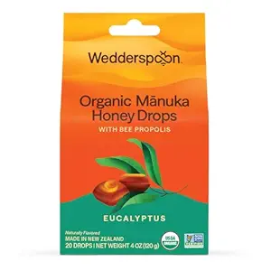 Wedderspoon Organic Manuka Honey Drops, Eucalyptus & Bee Propolis, 20 Count (4oz), (Pack of 1)