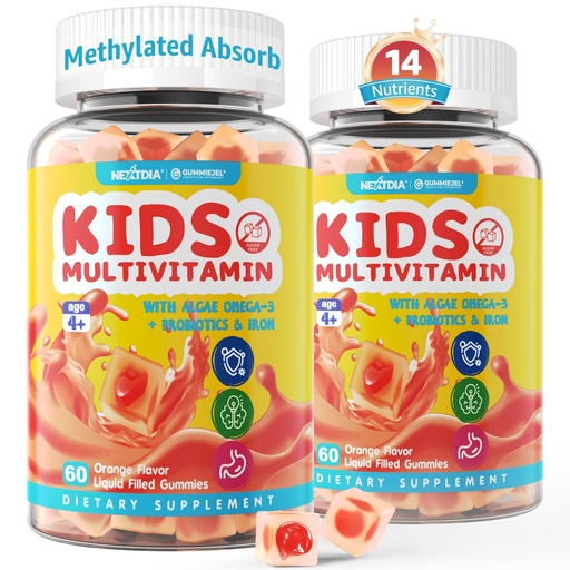 (2 Pack) Kids Multivitamin Gummies with Iron, Sugar Free, Kids Daily Vitamins + Probiotics, Alga Omega 3 (EPA / DHA), A, C, D, Metil B12, folát, B6, Cink, Biotin, az egészséges növekedéshez, Immuntámogatás
