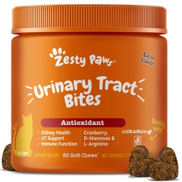 Zesty Paws Cranberry Trakt Trakt Bites for Cats - Kidney & Urinary Tract Health - Soft Chews with D-Mannose, Vitamin B6 & L- Arginine - Immune & Gut Support - Bacon - 60 Count