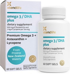 Xtendlife Omega 3 DHA Plus halolaj szív, agy, szem és bőr egészség - 1100mg Omega3 DHA, EPA, likopin és asztaxantin - 1 hónap ellátás (60 gróf)