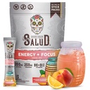 Salud 2- in1 Energy Drink Powder + Focus, Peach Lemonade, Organic koffein, B6 + B12, Theanine, Clean Energy Drink Packets, Agua Fresca Mix, Non- GMO, Gluten Free, Vegan, 1 g Cukor, (15 adag)