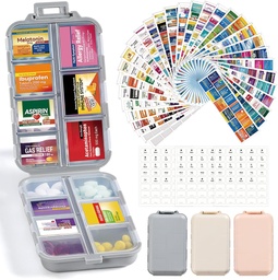 3 Pack 14 Grids Travel Pill Organizer Box 415- Pcs Medicine Name Labels - Pocket Daily Pharmacy Case Container Kit - Travel Medication Holder Dispenser for Fish Oil Vitamin Supplement Storage