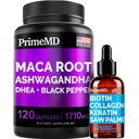 4- in1 Liquid Biotin Collagen Keratin Saw Palmetto Drops (2 fl oz - 1 Pack) & 6- in- 1 Maca Root Ashwagandha w Black Pepper Fruit (120ct) Bundle - Hair, Skin, Nails, Energy & Mood Support Supplement