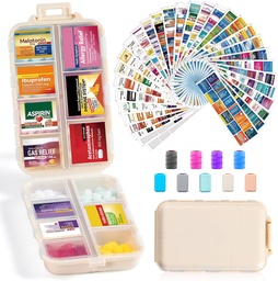 14 Grids Travel Pill Organizer Box 415- Pcs Medicine Name Labels - Pocket Daily Pharmacy Case Container Kit - Travel Medication Holder Dispenser for Fish Oil Vitamin Supplement Storage - Khaki