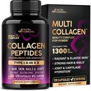Multi Collagen Peptides - hidrolizált típusok I, II, III, V & X - Collagen kiegészítés nőknek 1300mg - w / Hyaluronic Acid, Vitamins C & E - Skin, Hair, Nails & Joint Support - Made in USA, 120 kapszula