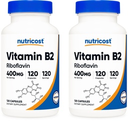 Nutricost B2-vitamin (Riboflavin) 400 mg, 120 kapszula (2 üveg)