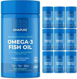 OMAPURE Wild Caught Omega3 kiegészítők magas EPA & DHA (10 üveg, 120 Softgels) - Burless Formula Supports Heart & Joint Health, Promotes Brain Function