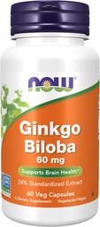 NOW Foods kiegészítők, Ginkgo Biloba 60 mg, 24% szabványosított kivonat, nem GMO projekt ellenőrzött, 60 Veg kapszula