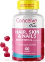 CONCEIVE PLUS Hair Skin & Nails Gumies - Extra- Strength Biotin, VIT A, C, D3, E Vitamins - Vegan, Hair Growth Supplement - Gelatin- Free - 60 Count