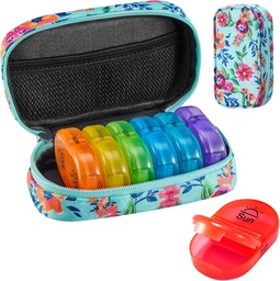 Serfeymi Weekly Travel Pill Organizer 2 Times A Day AM PM Frissített Rainbow Pill Box 7 Day hordozható cipzár Canvas Pill Case, Medicine Organizer for Pills, Vitamins, Halolaj - Green 01