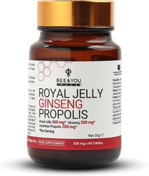 Bee and You Royal Jelly Ginseng tablettával, Propolis kivonat, 60ct, 100% Természetes Superfood, Ultra Pure, Immun Supplement Supplement, Antioxidánsok, Keto, Paleo, Gluten- Free