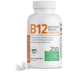 Bronson B12-vitamin 1000 µg Tartós kiadás Premium Nem GMO tabletta Támogatja az idegrendszer, egészséges agy funkció és energiatermelés, 250 gróf