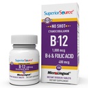 Superior Source No Shot B- 12 Cyanocobalamin 1000 mcg, B- 6, Folic Acid 400 mcg - Support Brain & Heart Health - AIDS Natural Energy Levelek - 100 Sublingual Dissolving Tablets