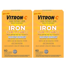Vitron- C vaspótlás, Napi egyszer, nagy hatásfokú vas plusz C-vitamin, Red Blood Cell Production, Dye Free Tabletta, 60 gróf, 2 csomag