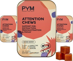 PYM Figyelem Chews Support for procrastination, Focus & Productivity, 60 Count A124; 518mg L- karnitin, 54mg Tyrosine, 11mg L- Taurin - Caffeine- Free Aviation 124; All- Natural Mood Boost Supplement Made in USA