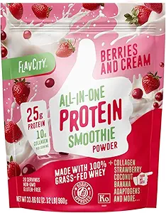 FlavCity Grass Fed Whey Protein Powder - Berries & Cream - 25g protein & 10g Collagen - Organic Strawberry & Coconut Milk - Gluten Free & No hozzáadott cukrok (20 adag)