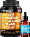 4- in1 Liquid Biotin Collagen Keratin Saw Palmetto Drops (2 fl oz - 1 Pack) & 5- in1 Ceylon fahéj w Turmeric & Ginseng Root (120ct) Bundle - Hair, Skin, Nails, & Immune Support Supplement