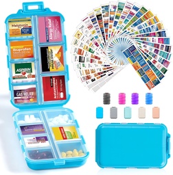 14 Grids Travel Pill Organizer Box 415- Pcs Medicine Name Labels - Pocket Daily Pharmacy Case Container Kit - Travel Medication Holder Dispenser for Fish Oil Vitamin Supplement Storage - Blue