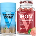 Vaspótlás Magensium Gumies, Vegan Iron Gumies C-vitaminnal, A, B- Complex, folát, Cink felnőtteknek és gyerekeknek, vashiány, anaemia, relaxációs alvás, Non-GMO