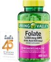 Folate 1,333 mcg. Spring Valley Folate Diétás kiegészítés, 1,333 mcg DFE, 400 gróf, folsav kiegészítés a nők terhessége, Folic Acid 800 Bundle Luall 45 Diabetes dekódolt