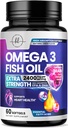 Omega 3 Fish Oil Supplements 2400mg - Dreifache Stärke Omega 3 Fettsäuren, Natürliche Herz-Gesundheit Gehirn & Gelenk Unterstützung - Fettsäuren mit EPA & DHA - Wild Caught Fish Oil Supplement - 60 Softgels
