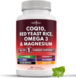 NEW AGE COQ10 200mg Red Yeast Rice, Omega 3, Magnézium Complex, Cink-vitamin K2 D3 - Heart Health Support Vitamin nőknek és férfiaknak B3-vitaminnal, Coenzim Q10- 60 Count