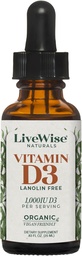 LiveWise Naturals Organic D3 Vitamin folyékony cseppek, Vegan, Non-GMO, Plant- Based, 200 NE / csepp, támogatja az immun-, csont- és hangulatbetegséget, Easy- to- Absorb, MCT olaj 1000 NE