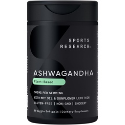 Sports Research ® Ashwagandha Softgels Coconut MCT Oil - Natural Adaptogen Made with Shoden ® Ashwa for Relaxation, Alvási támogatás - Gluten Free & Vegan Friendly - 60 Count