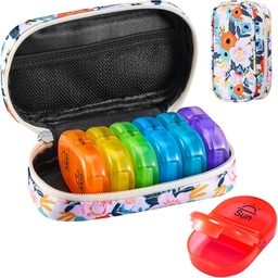 Serfeymi Weekly Travel Pill Organizer 2 Times A Day AM PM Frissített Rainbow Pill Box 7 Day hordozható cipzár Canvas Pill Case, Medicine Organizer for Pills, Vitamins, Halolaj - Bloom 01