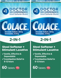 Colace 2- in- 1 Stool Softener Plus Stimulant Laxative a gyengén hatékony székrekedés enyhítésére, Docusate Nátrium- Plus Sennosides, 60 Count (2. csomag)