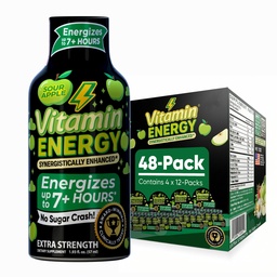 Vitamin Energy Workout + Extra Strength Energy Shot Sour Apple 48 Pack, 260mg Natural koffein, Pre- Edzés, B- Vitaminok, Ásványok, Endurance & Performance, Zéró Sugar, Gluten- Free, Vegan, 1,93 fl oz