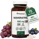 PRISTINE Resveratrol 500MG 75 napos ellátás anti-öregedés antioxidáns és szív-egészségügyi kiegészítés kapszula - agy és tüdő egészségügyi előnyök