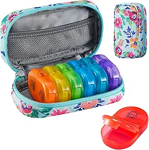 Serfeymi Weekly Travel Pill Organizer 2 Times A Day AM PM Frissített Rainbow Pill Box 7 Day hordozható cipzár PU bőr pirula esetében, Medicine Organizer for Pills, Vitamins, Halolaj - Green- 01