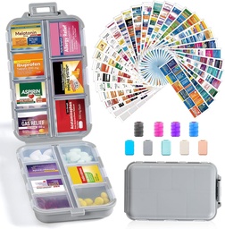 14 Grids Travel Pill Organizer Box 415- Pcs Medicine Name Labels - Pocket Daily Pharmacy Case Container - Travel Medication Holder Dispenser Kit for Fish Oil Vitamin Supplement Storage - Grey