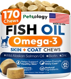 Omega 3 Halolaj kutyáknak - 170 Chews - Omega 3 kutyáknak Itchy Skin & Allergia Relief - Skin & Coat Supplement - EPA & DHA Fatty acids - Dog anti Shedding & Hot Spot Treat - Salmon Oil