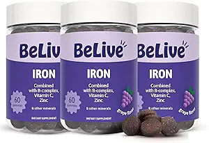 BeLive Iron Gumies - Multivitamin Vaspótlás C-vitaminnal, A, B & Cink, Támogatja a vér oxigén, Vegan kiegészítők nők, férfiak és gyerekek a növekedés és a fejlődés - Grape Flavor dama124; 3- Pack
