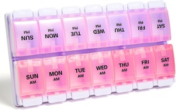 Sukuos AM PM Weekly Pill Organizer 7 Day, 2 Times A Day Medicine Pill Box Easy Push Button, BPA Free Vitamin Cases for Fish Oil / Supplements, Easy to Clean (Purple & Pink)