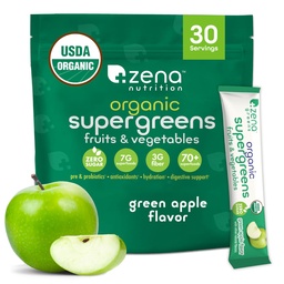 Zena Nutrition Organic Super Greens Powder, 70 + Superfoods, 0 Sugar, 3G Fiber, Spirulina, Chlorella, Antioxidánsok, Prebiotikumok / Probiotikumok, Digesztikus Enzimek, Zöld Apple, 30 Drink Mix Packets