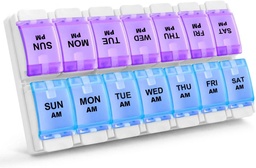 Sukuos AM PM Heti 7 napos Pill Organizer, 2 Times A Day Pill Box Arthritis Friendly Push Gomb, Gyógyszerek Vitamin / Halolaj / kiegészítők, Könnyen tisztítható (lila & kék)