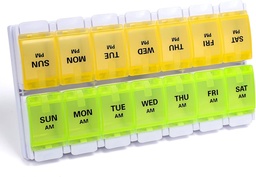 Sukuos AM PM Weekly Pill Organizer 7 Day, 2 Times A Day Medicine Pill Box Easy Push Button, BPA Free Vitamin Cases for Fish Oil / Supplements, Easy to Clean (Yellow & Green)