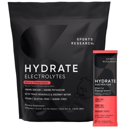 Sport Research Hydrate Electrolites Powder Packets - Sugar- Free & Natural Favored with Vitamins, Minerals, and Coconut Water - Supports Hydration - 16 Packets - Cherry Pomegranate