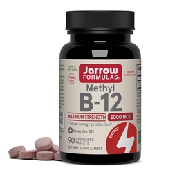 Jarrow Formulas B12-vitamin 5000 µg - Maximális hatáserősség a celluláris energiához és az agy egészségéhez, 90 Cherry rágótabletta, B12 Vitaminok 5000 µg